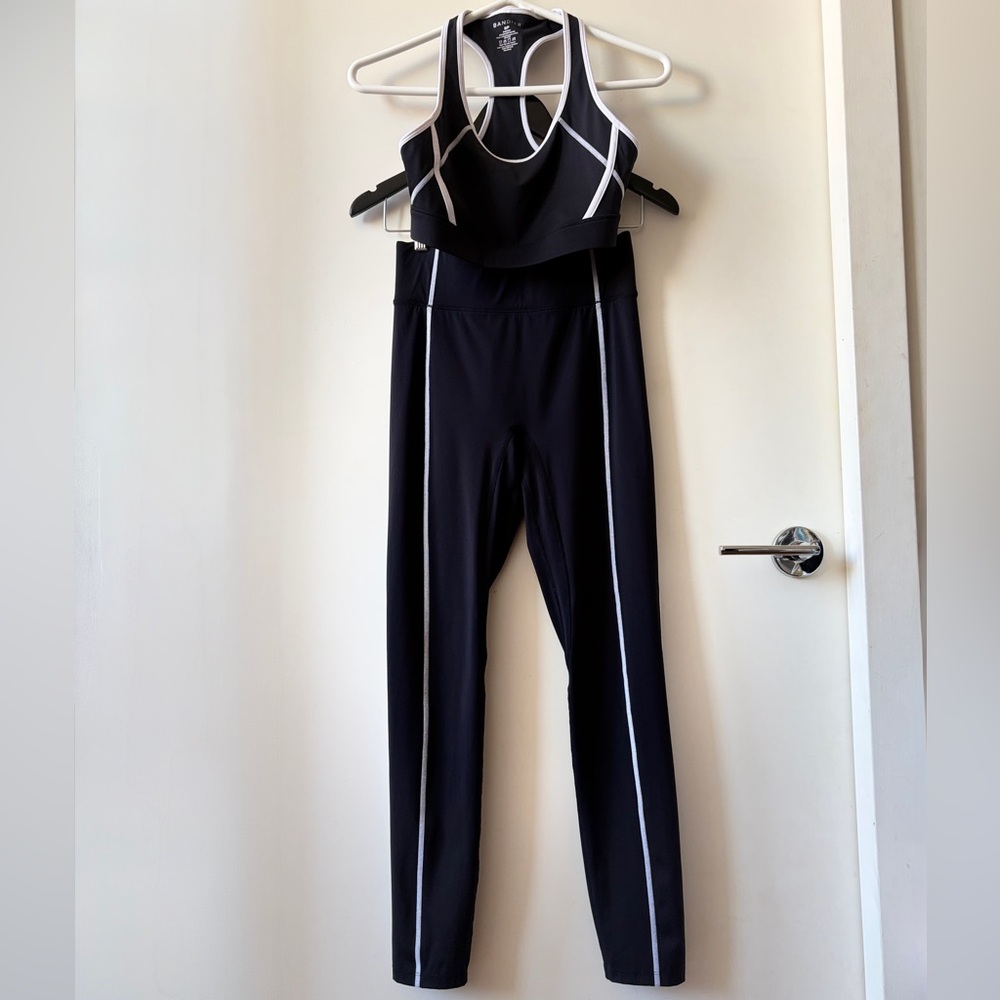 Bandier 2pc Black High-Waist Performance Leggings with White Piping + sports bra